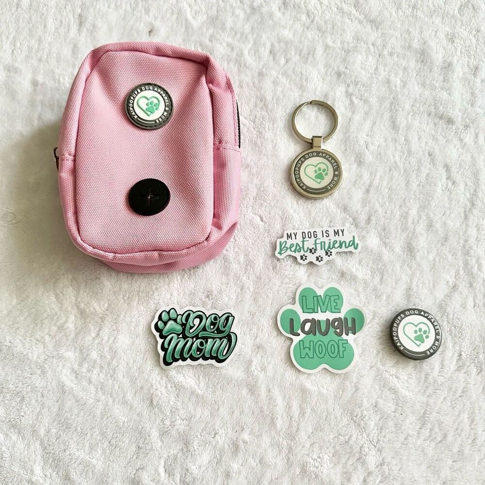 Pink and mint dog poop bag, keychain, pin, and dog stickers